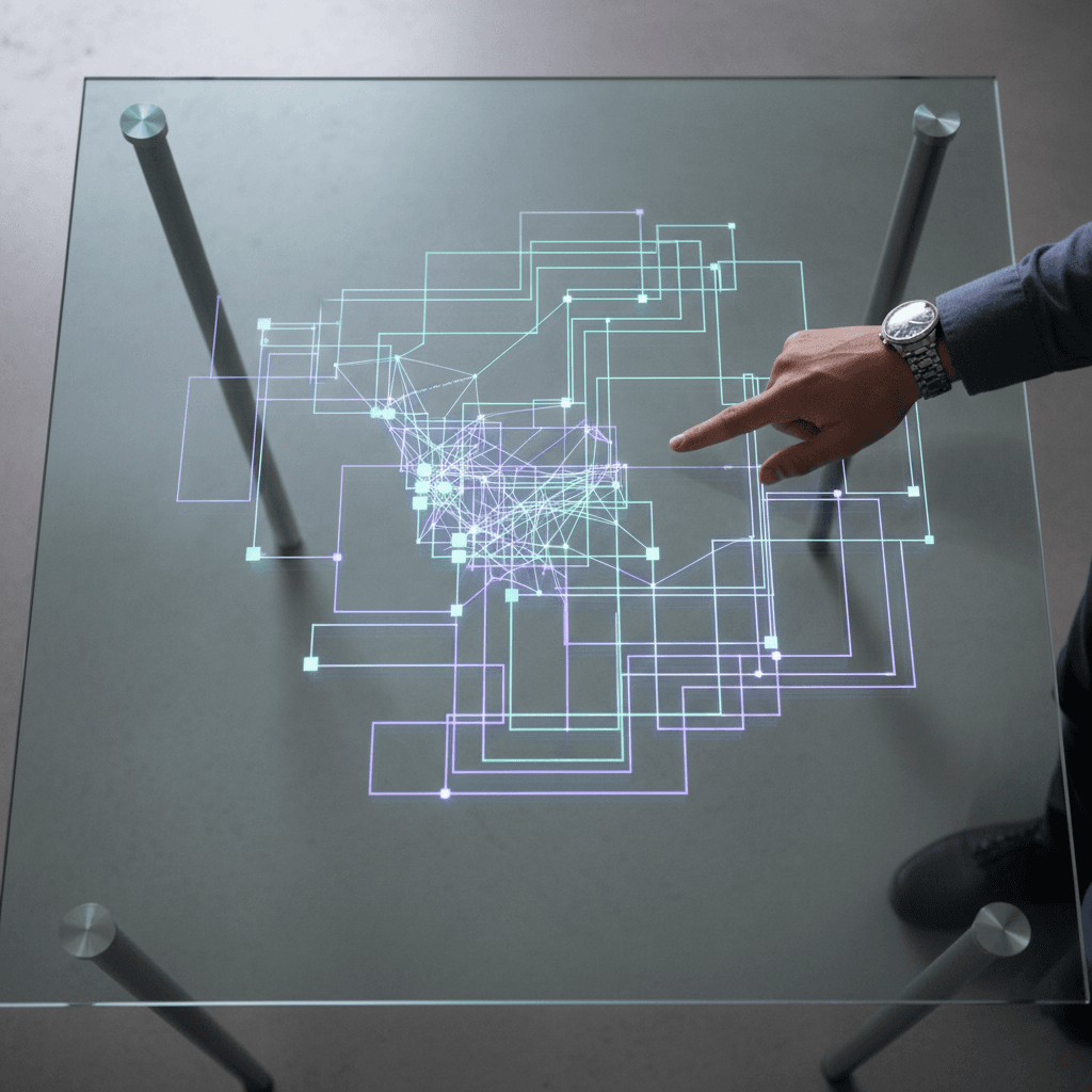 A clean architectural aesthetic overhead shot of network diagram visualization projected on a glass surface