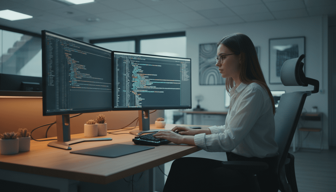 Software engineer working with cloud infrastructure on dual monitors