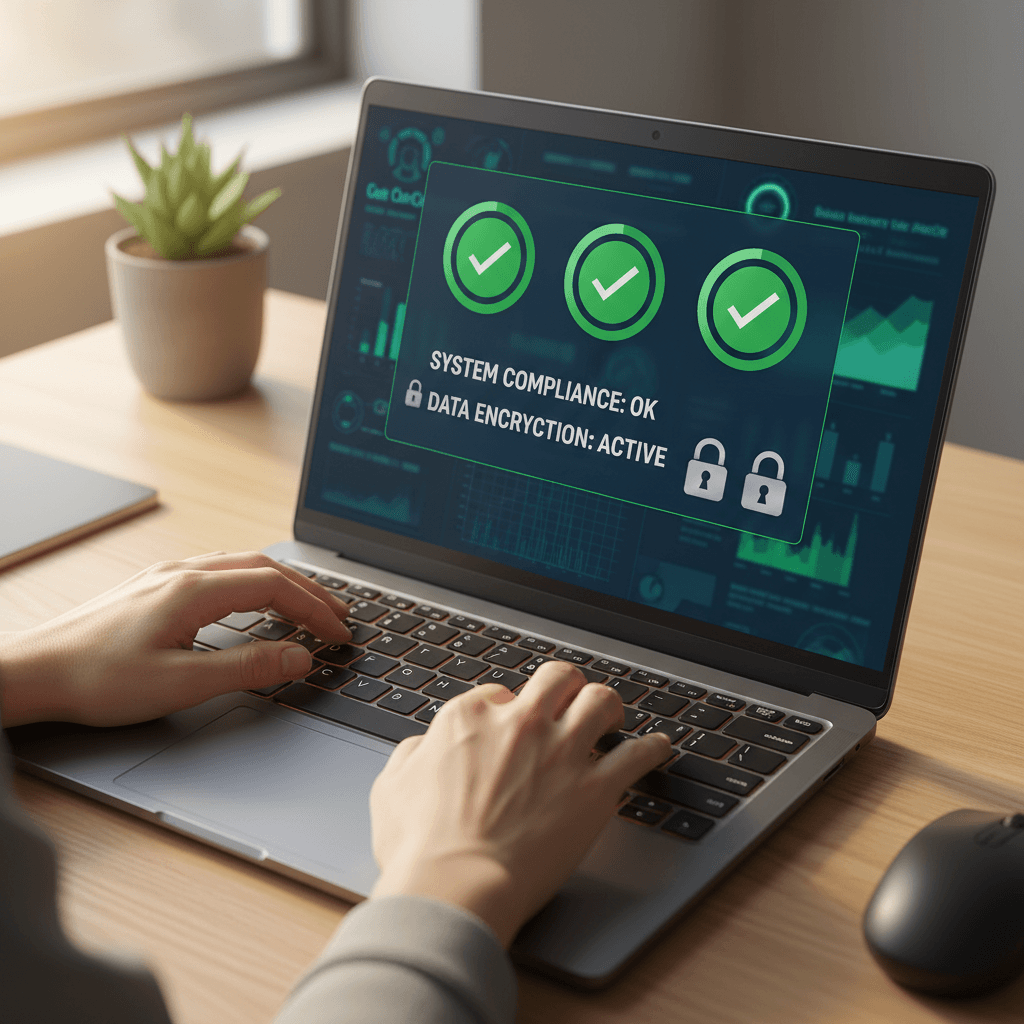 Security compliance dashboard with verification checkmarks