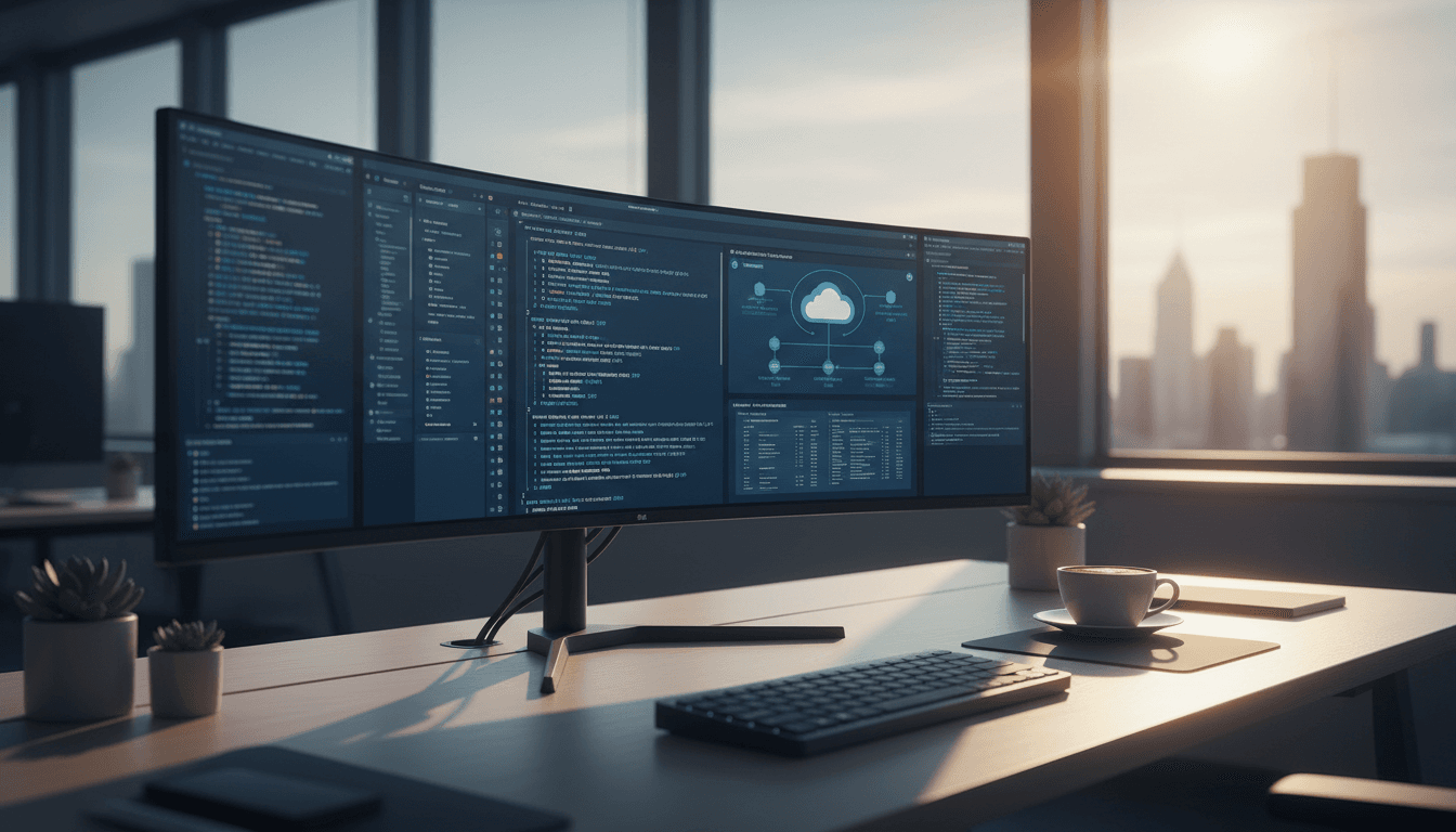 Developer workspace with multiple monitors showing cloud infrastructure dashboards